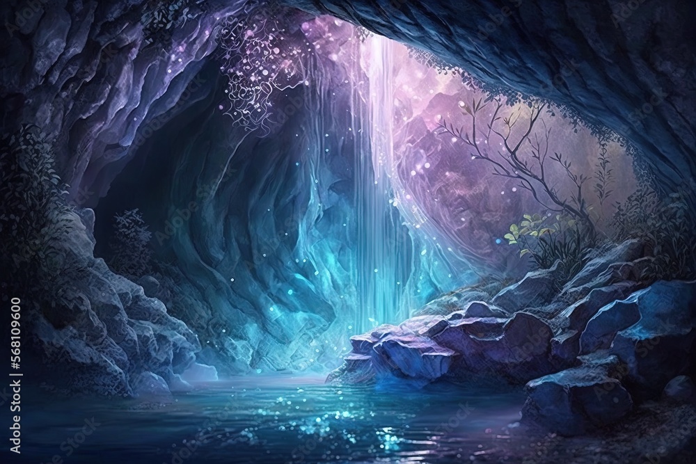 Poster a cave with a waterfall and a waterfall in the middle of the cave is lit by a bright light from a ne