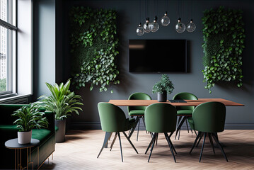 Modern interior, green chairs, plants, biophilic. Generative AI