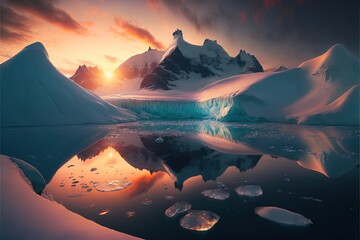 Arctic mountain range with iceberg at sunset, atmospheric landscape created with generative AI