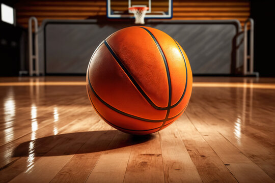 New basketball sits on a polished hardwood floor of a basketball court, Generative AI