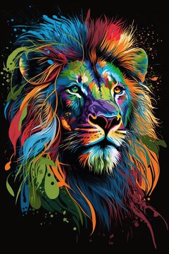 Vibrant colors lion head, painting portrait artwork style over black background. Generative AI vertical illustration