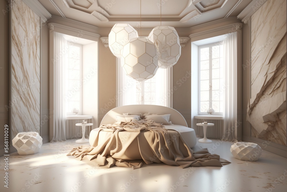 Poster a bedroom with a bed and a chandelier hanging from the ceiling and a round table with a cloth on it 