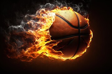 Burning fire basketball over dark background. 3D realistic. Generative AI illustration banner - obrazy, fototapety, plakaty