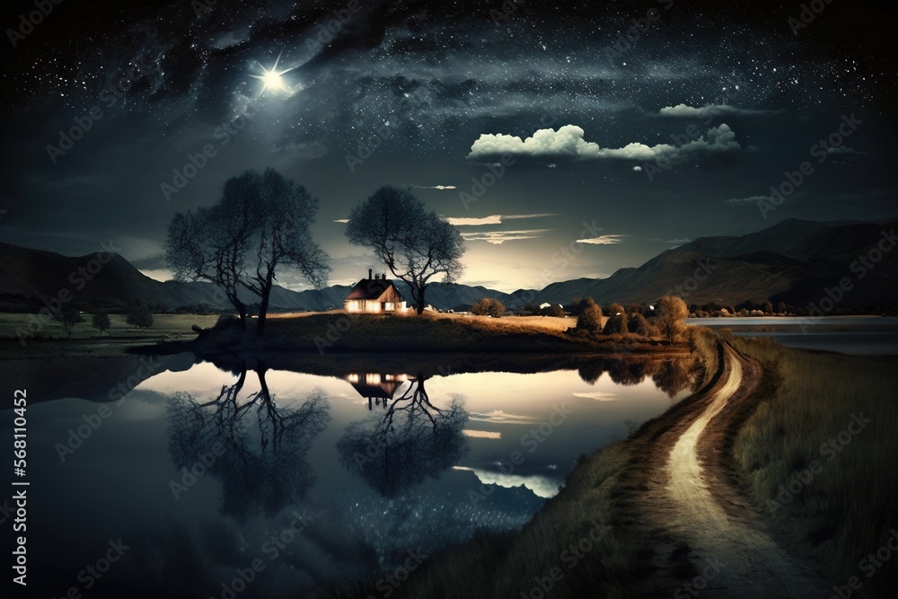 Poster a night scene with a lake and a house on a hill with a starry sky and a full moon in the distance wi