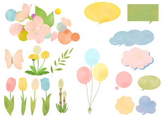春の水彩イラスト＆吹き出しセット