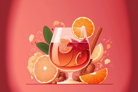 Alcoholic drink Jager bomb with strawberry, grapefruit, and cinnamon sticks in a wine glass on a pink backdrop with copy space for content. Generative AI