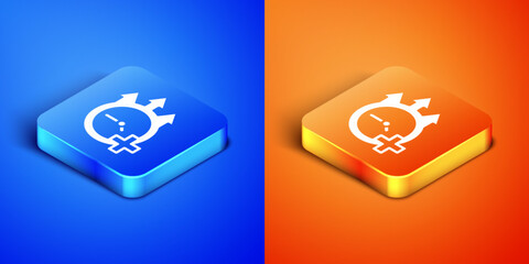 Isometric Clock icon isolated on blue and orange background. Time symbol. Square button. Vector