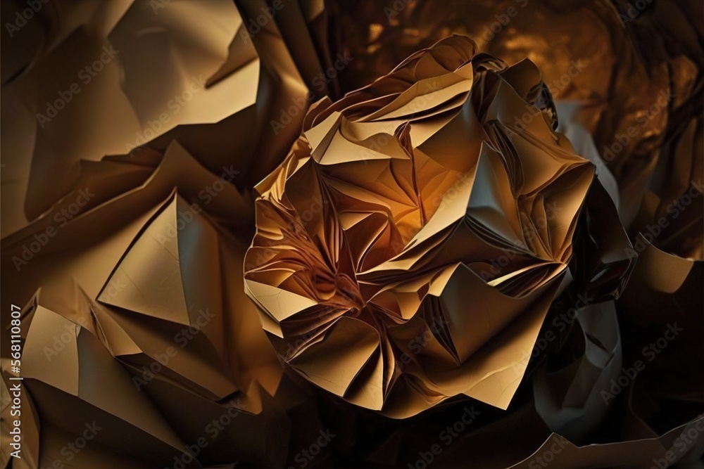 Poster an abstract photo of a ball of origami paper on a dark background with a light shining through the c
