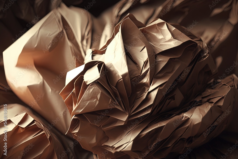 Poster a close up of a brown crumpled paper object on a wooden table with a blurry image of the top part of