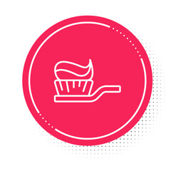 White line Toothbrush with toothpaste icon isolated on white background. Red circle button. Vector