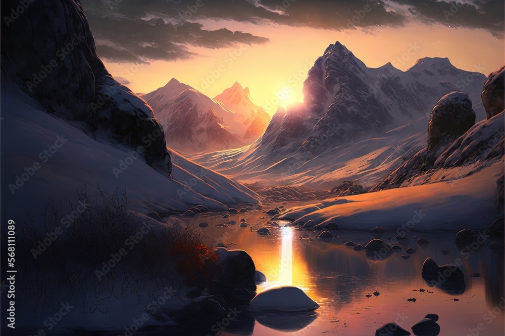 Poster a painting of a snowy mountain landscape with a lake in the foreground and a sunset in the backgroun