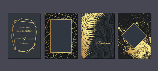 Modern black cover, frame design set. Luxury holiday creative line pattern and golden stars.