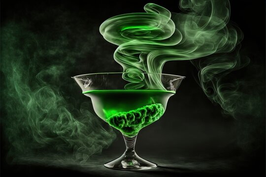  a green drink with smoke coming out of the top of the drink glass in the middle of the picture, on a black background with a black background.  generative ai