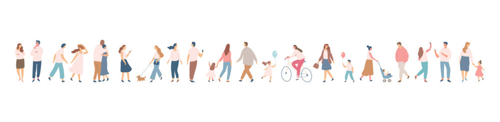 People silhouette crowd. Background people vector horizontal banner. Men and women, parents, kids walking outdoor