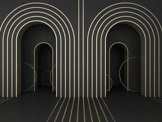 Abstract dark arcade geometric background; arch mock-up; simple clean arched design with golden stripes; luxury wall niche mockup; blank space; art deco display; 3d rendering, 3d illustration