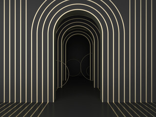 Simple clean arched door design with golden stripes; abstract dark art deco geometric background; luxury arcade wall niche mockup; blank space; art deco display; 3d rendering, 3d illustration
