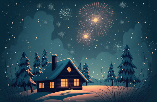 Winter night scene with holiday New Year's fireworks in the sky, with a place for your text greeting. Generative AI