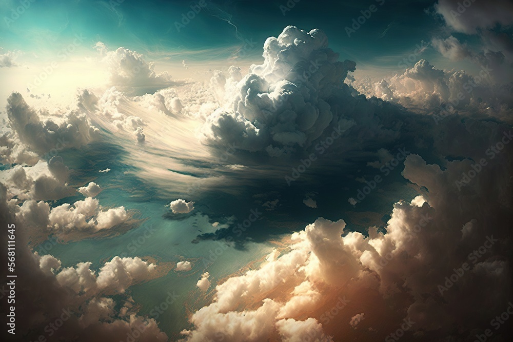 Poster an image of a sky with clouds and a plane in the sky with a bright sun in the middle of the clouds a