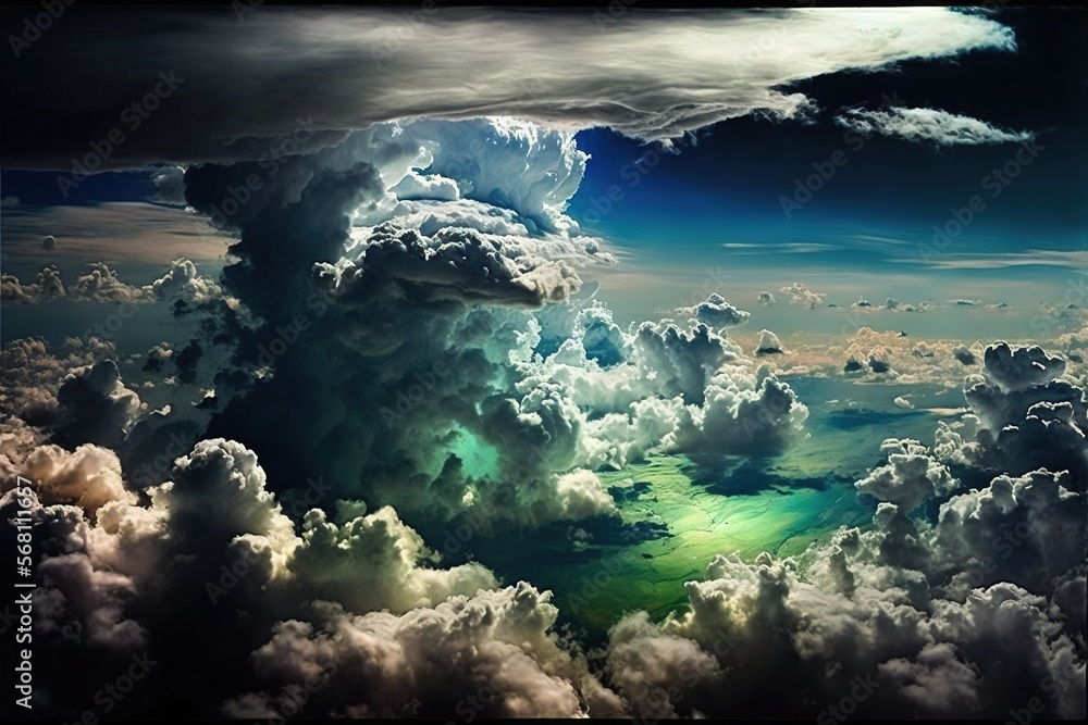 Poster a view of the sky from a plane window with clouds and a green light in the middle of the sky and a g