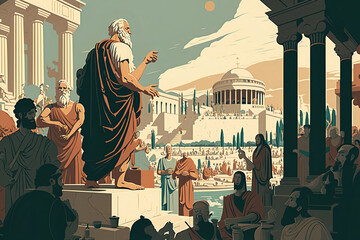 the trial of Socrates in the agora, as depicted by Plato. It shows the philosopher standing in front of a group of judges and citizens, with an expression of calm and wisdom.  Generative AI. - obrazy, fototapety, plakaty