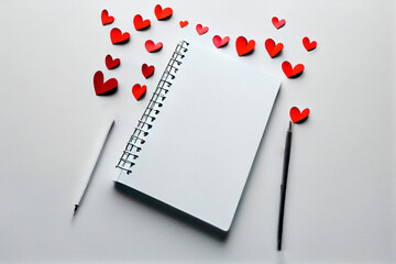 3D notebook for Valentine's Day. Notepad background with textured hearts. The concept of love. A spring-loaded notebook with checkered sheets on a white background.Top view, flat layout, place to copy