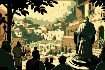the trial of Socrates in the agora, as depicted by Plato. It shows the philosopher standing in front of a group of judges and citizens, with an expression of calm and wisdom.  Generative AI.