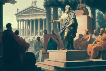 Fotobehang the trial of Socrates in the agora, as depicted by Plato. It shows the philosopher standing in front of a group of judges and citizens, with an expression of calm and wisdom.  Generative AI. © Kristian