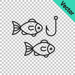 Black line Fishing hook under water with fish icon isolated on transparent background. Fishing tackle. Vector