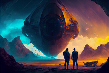 the encounter between two futuristic humans with the spaceship in the background against an abandoned earth, digital art style. Futuristic space and UFO concept. High quality ai generated illustration