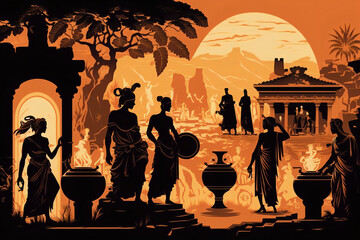 Ancient greek civilization, Old history and culture. Ancient Greece. Goddesses and people. Black figure pottery style. Ancient Greek mythology art - obrazy, fototapety, plakaty