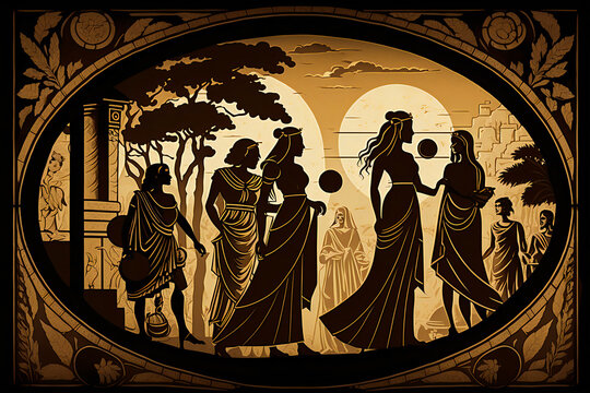 Ancient greek civilization, Old history and culture. Ancient Greece. Goddesses and people. Black figure pottery style. Ancient Greek mythology art