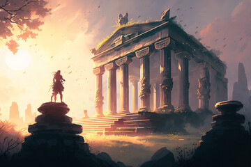 Ancient greek civilization, ancient greek temple ruins with female goddess statue with clouds and sun ray. Generative AI