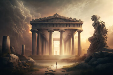 Ancient greek civilization, ancient greek temple ruins with female goddess statue with clouds and sun ray. Generative AI