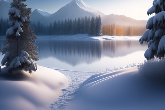 Winter landscape with lake and mountains AI