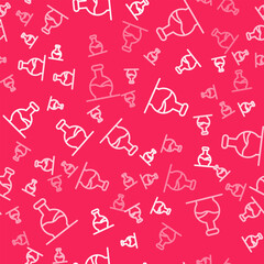 White line Test tube and flask chemical laboratory test icon isolated seamless pattern on red background. Laboratory glassware sign. Vector