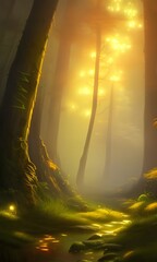 Fairy tale forest. Fireflies light up the trees in the dark. Generative AI