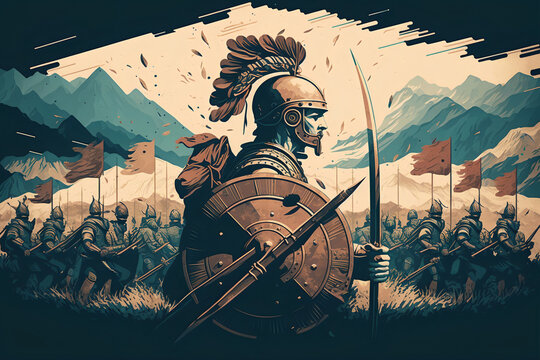 Ancient greek civilization, Battle of Roman soldiers against Greek phalanx. Generative AI.