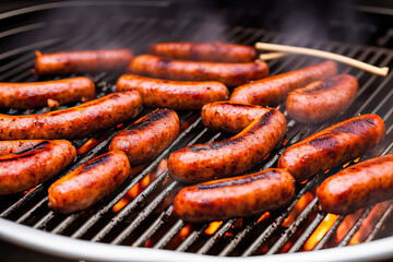 Fototapeta premium Grilling fried Bavarian sausages or small sausages on the grill in the background of a fire.