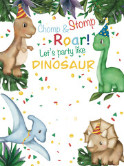 Watercolor composition art of birthday party dinosaurs in jungle with confetti. Idea for wallpaper, celebrate banner, print, background, children’s art, books, cartoon, invitations, party cards
