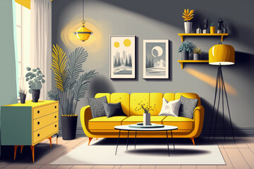 Stylish living room with sofa. Interior design in grey and yellow colors. Generative AI