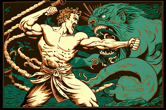 Greek hero Hercules battling the Hydra of Lerna, a multi-headed serpent monster. Hercules is depicted with his club and sword, determined to defeat the Hydra. Generative AI.