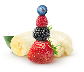 Bunch of fruits. Fruits for smoothie. Banana, strawberry, blueberry, raspberry fruits on top of each other isolated on white background with clipping path