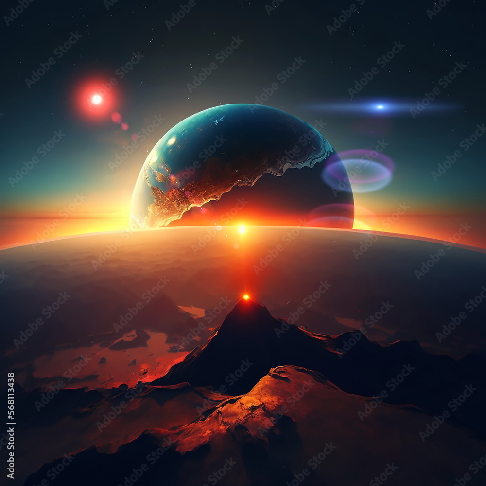 Wall mural earth and moon on sunset , night alien planet space starry sky flares cosmic fantastic background ge
