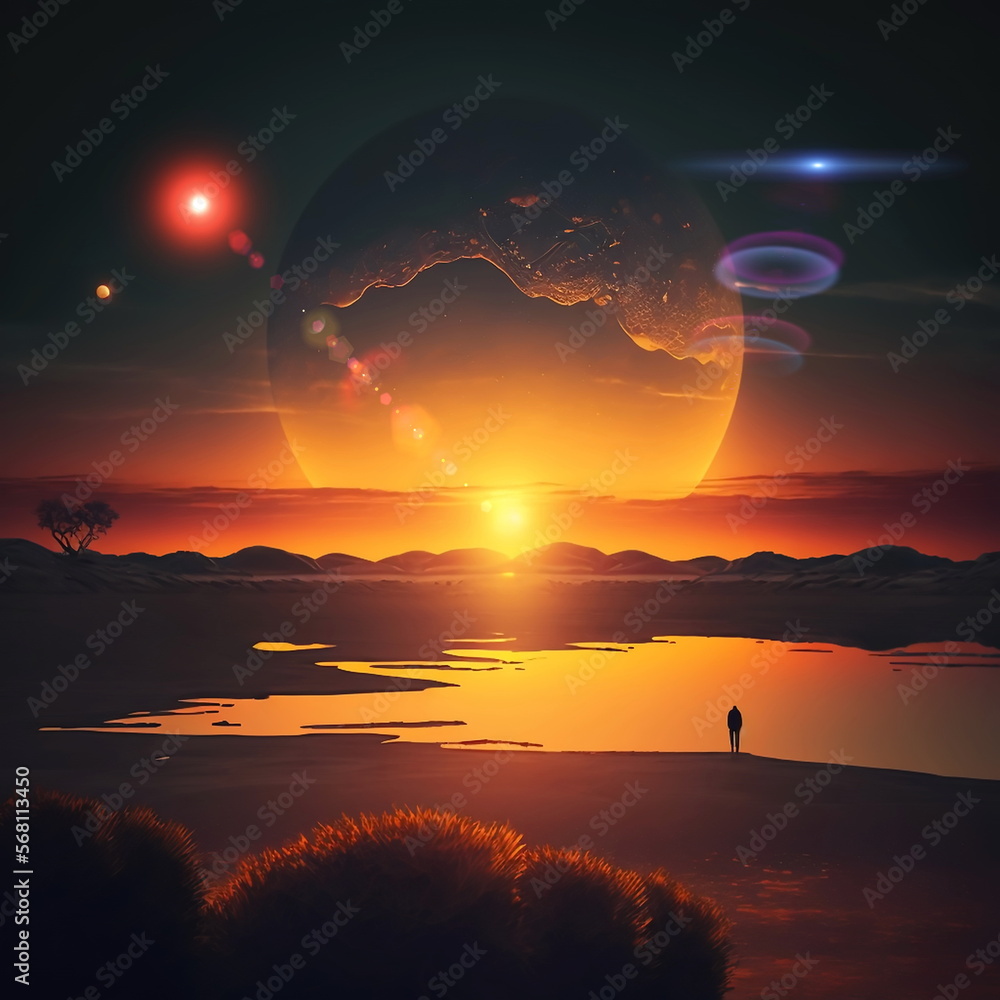 Wall mural earth and moon on sunset , night alien planet space starry sky flares cosmic fantastic background ge
