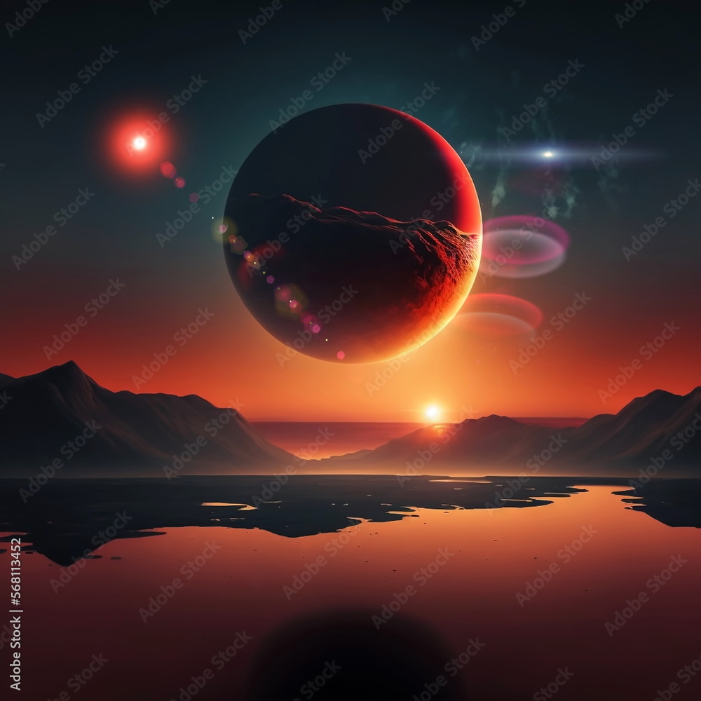 Wall mural earth and moon on sunset , night alien planet space starry sky flares cosmic fantastic background ge