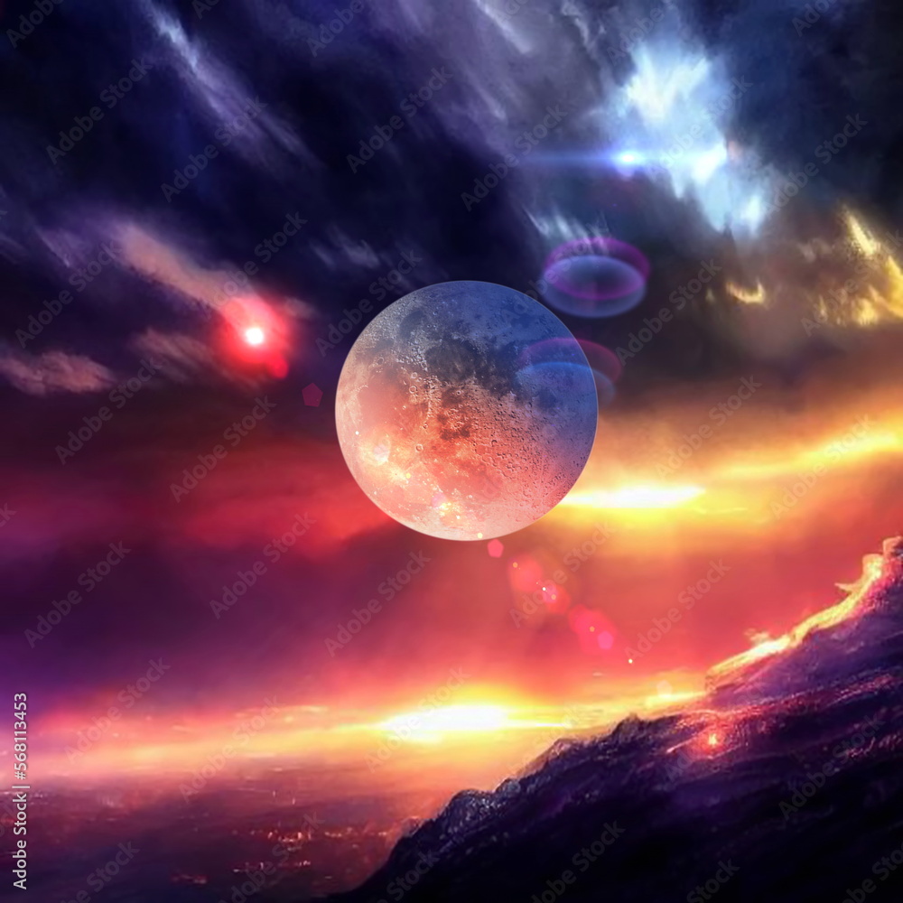 Wall mural earth and moon on sunset , night alien planet space starry sky flares cosmic fantastic background ge