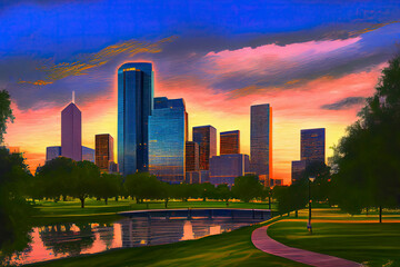 Fototapeta na wymiar Houston Texas modern skyline at sunset twilight on park