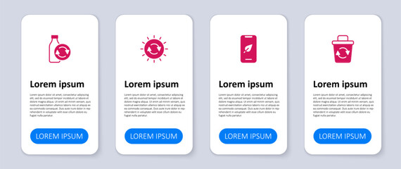 Set Recycle bin, Mobile phone with leaf, Solar energy panel and Recycling plastic bottle. Business infographic template. Vector