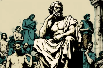 Fotobehang the philosopher Socrates preaching his philosophy in the streets of Athens. The scene captures Socrates' intellectual and charismatic presence,. Generative AI. © Kristian