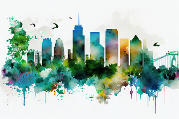 Houston skyline in watercolor on white background